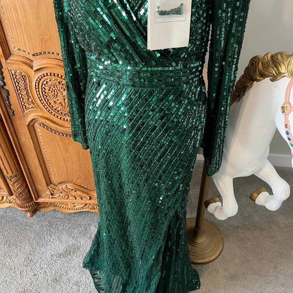 NWT Mac Duggal 5379 [14] Emerald Green Sequined Wrap Maxi Evening Gown Wicked - Picture 5 of 11